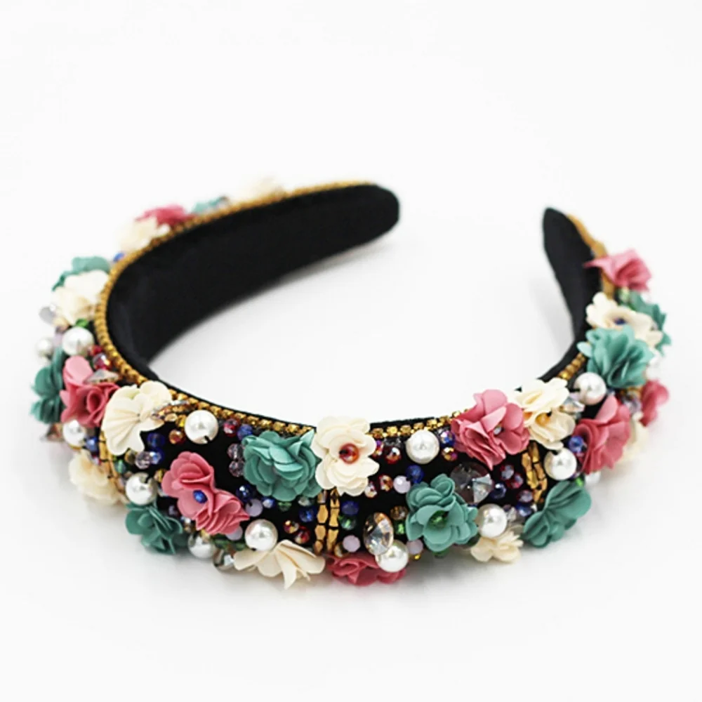 Floral Fairy Headband with Faux Pearls, Crystals, and Fabric Flowers
